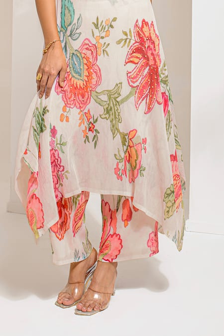 Buy Preeti Mehta Ivory Georgette, Polyester Embroidery Floral Print Asymmetric Kurta With Pant Online at Aza Fashions Buy_Preeti Mehta_Ivory Georgette, Polyester Embroidery Floral Print Asymmetric Kurta With Pant _Online_at_Aza_Fashions