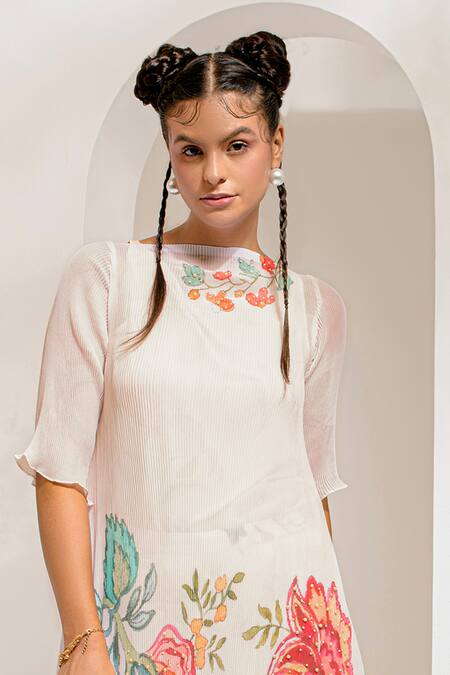 Shop Preeti Mehta Ivory Georgette, Polyester Embroidery Floral Print Asymmetric Kurta With Pant Online at Aza Fashions Shop_Preeti Mehta_Ivory Georgette, Polyester Embroidery Floral Print Asymmetric Kurta With Pant _Online_at_Aza_Fashions