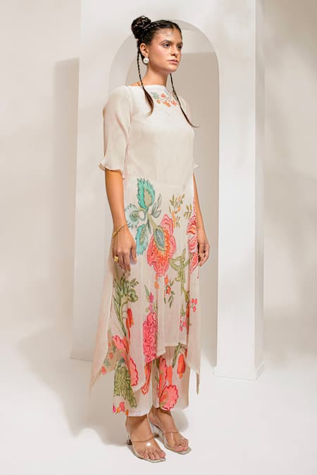 Preeti Mehta Ivory Georgette, Polyester Embroidery Floral Print Asymmetric Kurta With Pant at Aza Fashions Preeti Mehta_Ivory Georgette, Polyester Embroidery Floral Print Asymmetric Kurta With Pant _at_Aza_Fashions