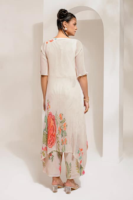 Shop Preeti Mehta Ivory Georgette, Polyester Embroidery Floral Print Asymmetric Kurta With Pant at Aza Fashions Shop_Preeti Mehta_Ivory Georgette, Polyester Embroidery Floral Print Asymmetric Kurta With Pant _at_Aza_Fashions