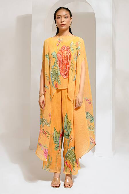Preeti Mehta_Yellow Lurex, Polyester Embroidery, Pearls Floral Print Cape Kaftan With Pant _Online_at_Aza_Fashions