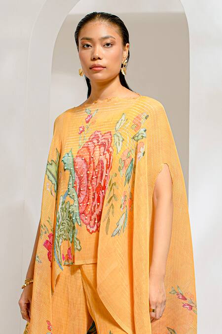 Buy_Preeti Mehta_Yellow Lurex, Polyester Embroidery, Pearls Floral Print Cape Kaftan With Pant _Online_at_Aza_Fashions