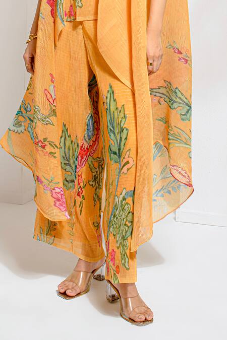 Shop_Preeti Mehta_Yellow Lurex, Polyester Embroidery, Pearls Floral Print Cape Kaftan With Pant _Online_at_Aza_Fashions