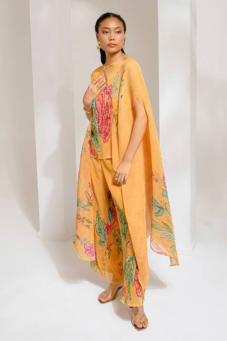 Preeti Mehta_Yellow Lurex, Polyester Embroidery, Pearls Floral Print Cape Kaftan With Pant _at_Aza_Fashions
