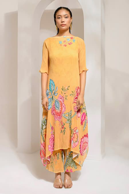 Preeti Mehta Yellow Georgette, Polyester Embroidery Boat Floral Print Flared Kurta With Pant Online at Aza Fashions Preeti Mehta_Yellow Georgette, Polyester Embroidery Boat Floral Print Flared Kurta With Pant _Online_at_Aza_Fashions