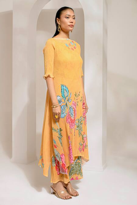 Shop Preeti Mehta Yellow Georgette, Polyester Embroidery Boat Floral Print Flared Kurta With Pant Online at Aza Fashions Shop_Preeti Mehta_Yellow Georgette, Polyester Embroidery Boat Floral Print Flared Kurta With Pant _Online_at_Aza_Fashions