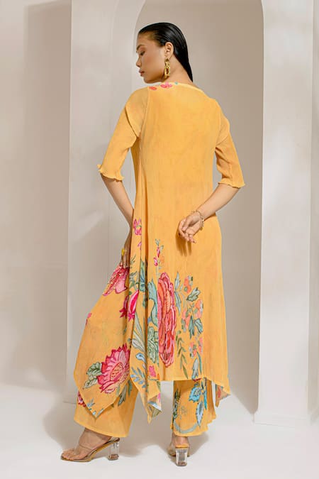 Shop Preeti Mehta Yellow Georgette, Polyester Embroidery Boat Floral Print Flared Kurta With Pant at Aza Fashions Shop_Preeti Mehta_Yellow Georgette, Polyester Embroidery Boat Floral Print Flared Kurta With Pant _at_Aza_Fashions