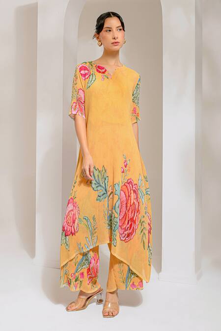 Preeti Mehta Yellow Georgette, Polyester Embroidery Split Floral Print A-line Kurta With Pant Online at Aza Fashions Preeti Mehta_Yellow Georgette, Polyester Embroidery Split Floral Print A-line Kurta With Pant _Online_at_Aza_Fashions