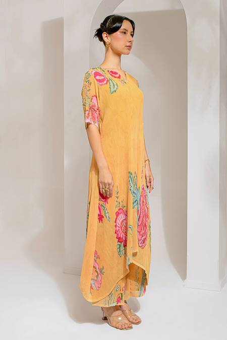 Shop Preeti Mehta Yellow Georgette, Polyester Embroidery Split Floral Print A-line Kurta With Pant Online at Aza Fashions Shop_Preeti Mehta_Yellow Georgette, Polyester Embroidery Split Floral Print A-line Kurta With Pant _Online_at_Aza_Fashions