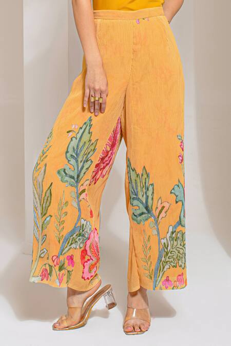 Preeti Mehta Yellow Georgette, Polyester Embroidery Split Floral Print A-line Kurta With Pant at Aza Fashions Preeti Mehta_Yellow Georgette, Polyester Embroidery Split Floral Print A-line Kurta With Pant _at_Aza_Fashions