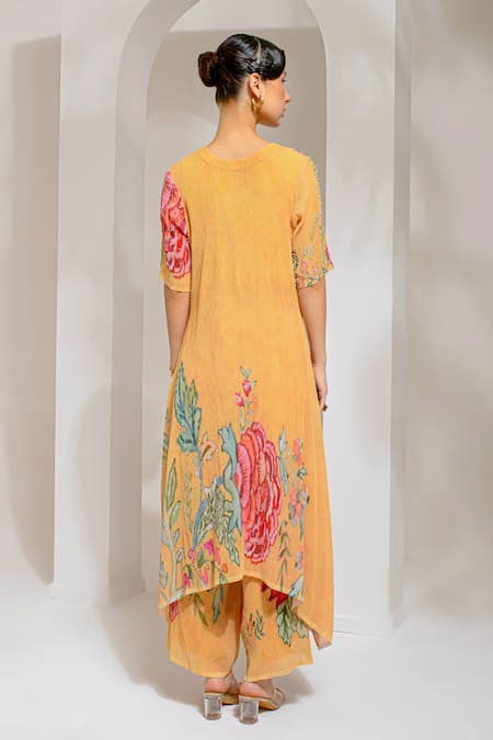 Shop Preeti Mehta Yellow Georgette, Polyester Embroidery Split Floral Print A-line Kurta With Pant at Aza Fashions Shop_Preeti Mehta_Yellow Georgette, Polyester Embroidery Split Floral Print A-line Kurta With Pant _at_Aza_Fashions