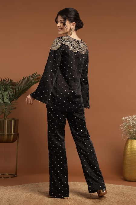 Shop Rirasa Black Satin Sequins, Embroidery Round Neck Top And Pant Set at Aza Fashions Shop_Rirasa_Black Satin Sequins, Embroidery Round Neck Top And Pant Set _at_Aza_Fashions