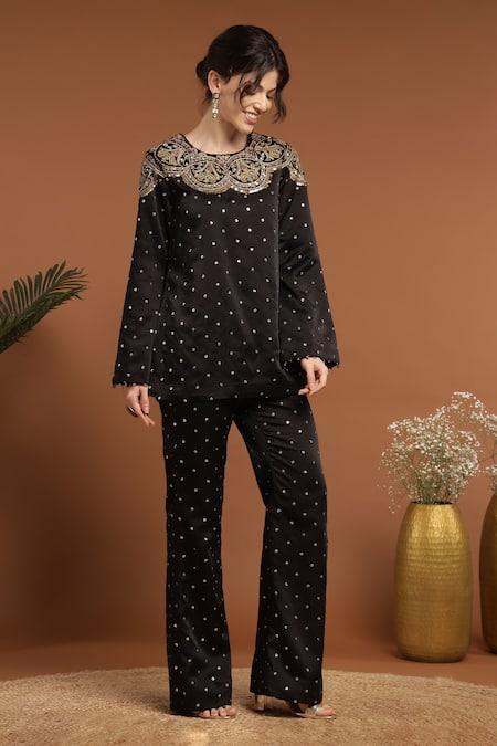 Shop Rirasa Black Satin Sequins, Embroidery Round Neck Top And Pant Set Online at Aza Fashions Shop_Rirasa_Black Satin Sequins, Embroidery Round Neck Top And Pant Set _Online_at_Aza_Fashions
