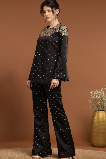 Rirasa Black Satin Sequins, Embroidery Round Neck Top And Pant Set at Aza Fashions Rirasa_Black Satin Sequins, Embroidery Round Neck Top And Pant Set _at_Aza_Fashions