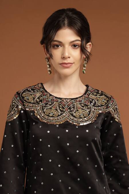 Buy Rirasa Black Satin Sequins, Embroidery Round Neck Top And Pant Set Buy_Rirasa_Black Satin Sequins, Embroidery Round Neck Top And Pant Set