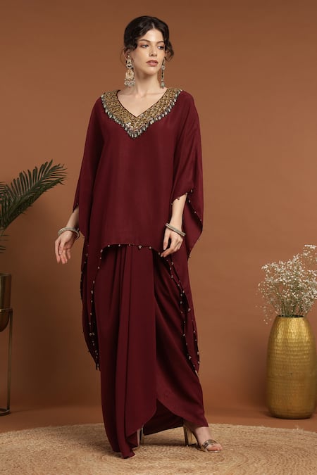 Rirasa_Maroon Lurex, Crepe Beads V-neck Sequin Embroidered Kaftan And Draped Skirt Set_Online_at_Aza_Fashions
