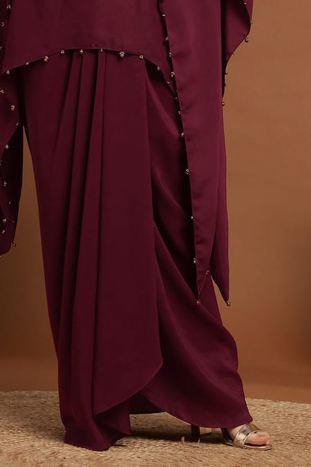 Buy_Rirasa_Maroon Lurex, Crepe Beads V-neck Sequin Embroidered Kaftan And Draped Skirt Set_Online_at_Aza_Fashions
