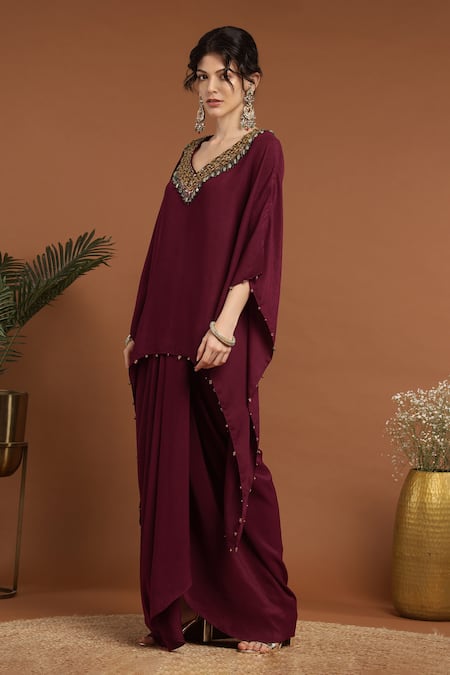 Shop_Rirasa_Maroon Lurex, Crepe Beads V-neck Sequin Embroidered Kaftan And Draped Skirt Set_Online_at_Aza_Fashions