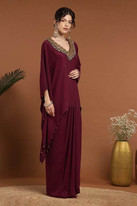 Rirasa_Maroon Lurex, Crepe Beads V-neck Sequin Embroidered Kaftan And Draped Skirt Set_at_Aza_Fashions