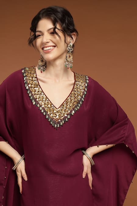 Buy_Rirasa_Maroon Lurex, Crepe Beads V-neck Sequin Embroidered Kaftan And Draped Skirt Set