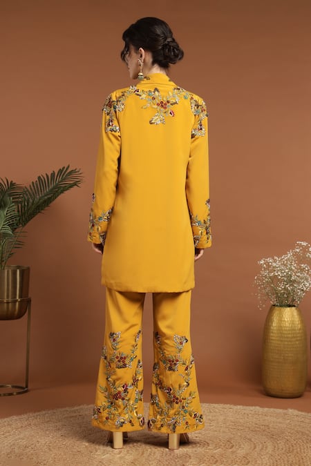 Shop_Rirasa_Yellow Crepe Beads, Embroidery Sweetheart Neck, Collared Jacket Pant Set _at_Aza_Fashions