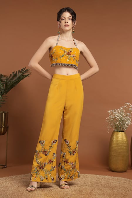 Rirasa_Yellow Crepe Beads, Embroidery Sweetheart Neck, Collared Jacket Pant Set _Online_at_Aza_Fashions