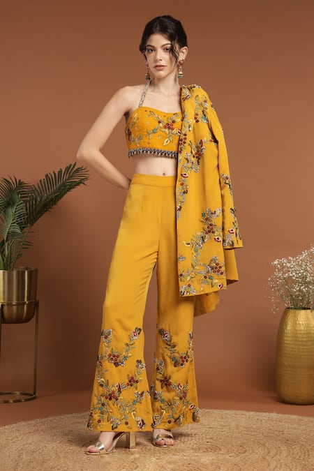 Buy_Rirasa_Yellow Crepe Beads, Embroidery Sweetheart Neck, Collared Jacket Pant Set _Online_at_Aza_Fashions