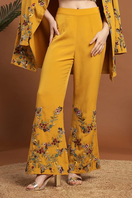 Shop_Rirasa_Yellow Crepe Beads, Embroidery Sweetheart Neck, Collared Jacket Pant Set _Online_at_Aza_Fashions