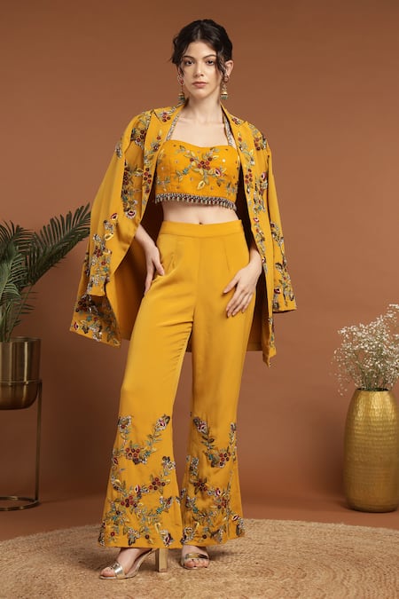 Rirasa_Yellow Crepe Beads, Embroidery Sweetheart Neck, Collared Jacket Pant Set _at_Aza_Fashions