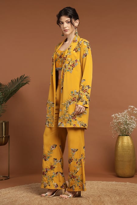 Buy_Rirasa_Yellow Crepe Beads, Embroidery Sweetheart Neck, Collared Jacket Pant Set 
