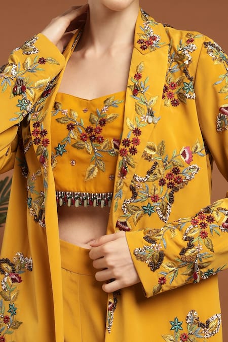 Shop_Rirasa_Yellow Crepe Beads, Embroidery Sweetheart Neck, Collared Jacket Pant Set 