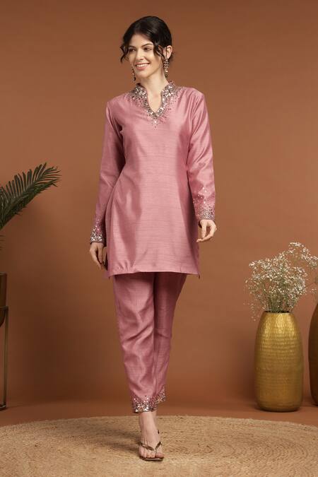 Rirasa_Pink Silk Sequins Split V-neck Embroidered Neckline Kurta And Pant Set _Online_at_Aza_Fashions