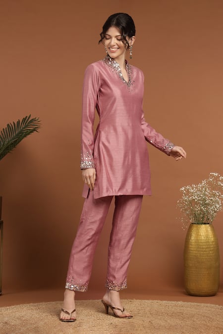 Shop_Rirasa_Pink Silk Sequins Split V-neck Embroidered Neckline Kurta And Pant Set _Online_at_Aza_Fashions