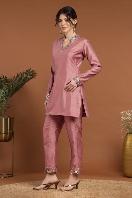 Rirasa_Pink Silk Sequins Split V-neck Embroidered Neckline Kurta And Pant Set _at_Aza_Fashions