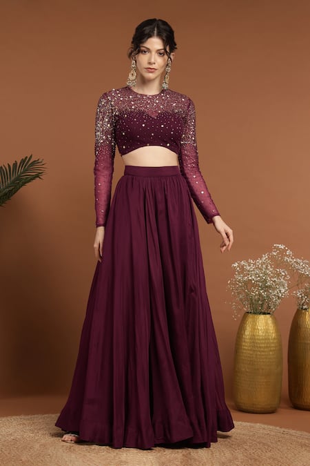 Buy_Rirasa_Purple Organza, Net Sequins Round Neck Embroidered Blouse And Lehenga Set _Online_at_Aza_Fashions