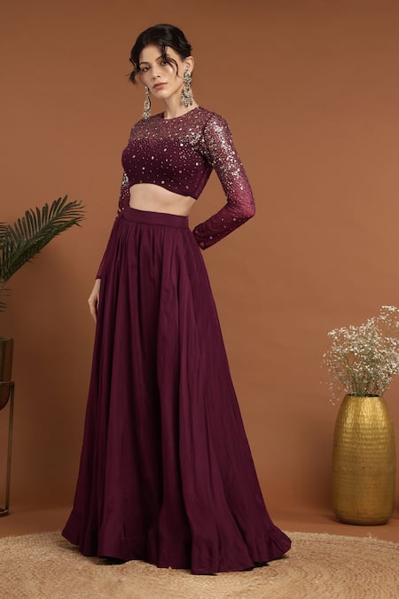 Shop_Rirasa_Purple Organza, Net Sequins Round Neck Embroidered Blouse And Lehenga Set _Online_at_Aza_Fashions