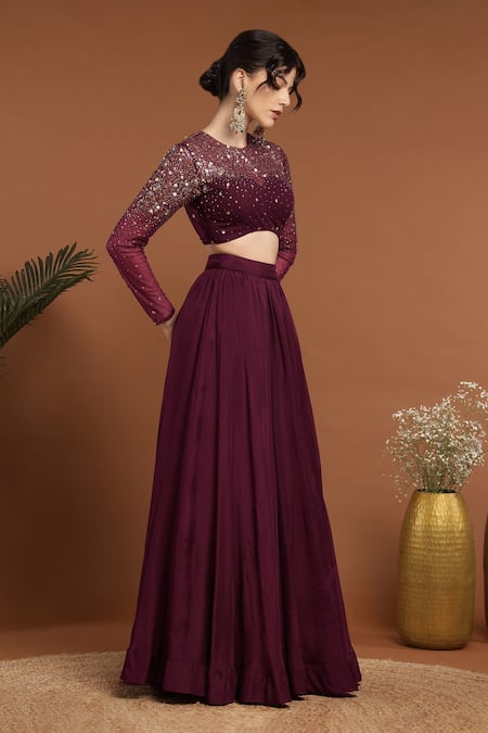 Rirasa_Purple Organza, Net Sequins Round Neck Embroidered Blouse And Lehenga Set _at_Aza_Fashions