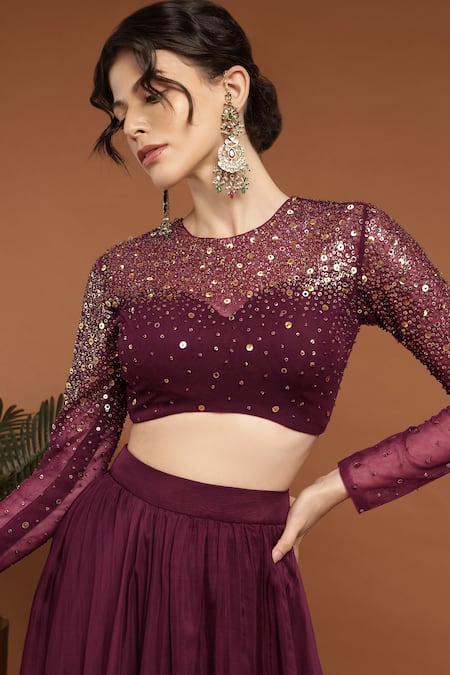 Buy_Rirasa_Purple Organza, Net Sequins Round Neck Embroidered Blouse And Lehenga Set 