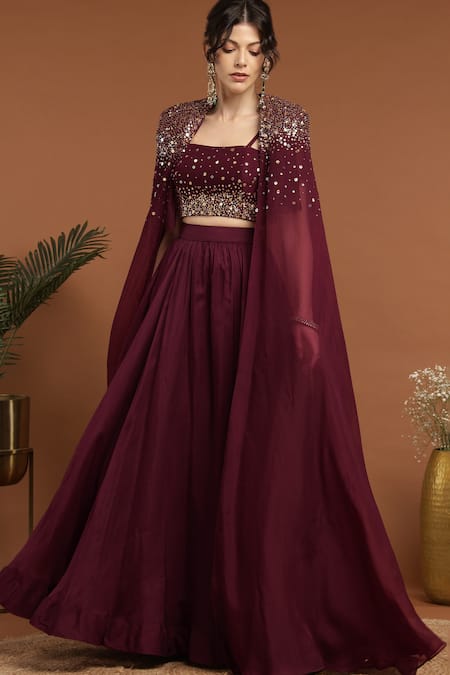 Rirasa Purple Organza, Net Sequins Square Neck Embroidered Jacket Lehenga Set Online at Aza Fashions Rirasa_Purple Organza, Net Sequins Square Neck Embroidered Jacket Lehenga Set _Online_at_Aza_Fashions