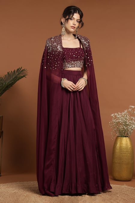 Shop Rirasa Purple Organza, Net Sequins Square Neck Embroidered Jacket Lehenga Set Online at Aza Fashions Shop_Rirasa_Purple Organza, Net Sequins Square Neck Embroidered Jacket Lehenga Set _Online_at_Aza_Fashions