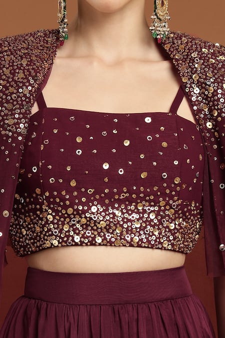 Buy Rirasa Purple Organza, Net Sequins Square Neck Embroidered Jacket Lehenga Set Buy_Rirasa_Purple Organza, Net Sequins Square Neck Embroidered Jacket Lehenga Set