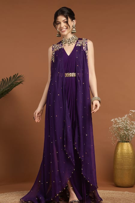 Rirasa_Purple Organza, Georgette Sequins, Beads Draped Dress With Embroidered Cape _Online_at_Aza_Fashions