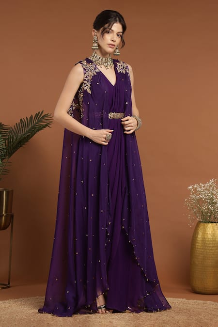 Buy_Rirasa_Purple Organza, Georgette Sequins, Beads Draped Dress With Embroidered Cape _Online_at_Aza_Fashions