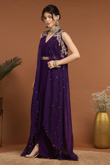 Shop_Rirasa_Purple Organza, Georgette Sequins, Beads Draped Dress With Embroidered Cape _Online_at_Aza_Fashions