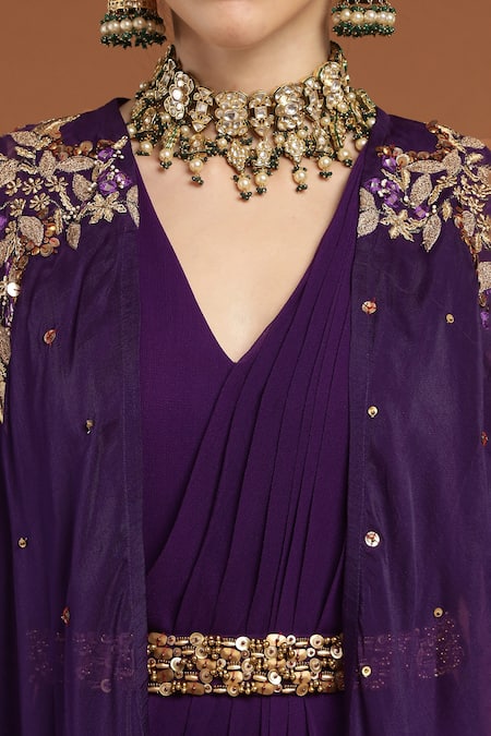 Rirasa_Purple Organza, Georgette Sequins, Beads Draped Dress With Embroidered Cape _at_Aza_Fashions