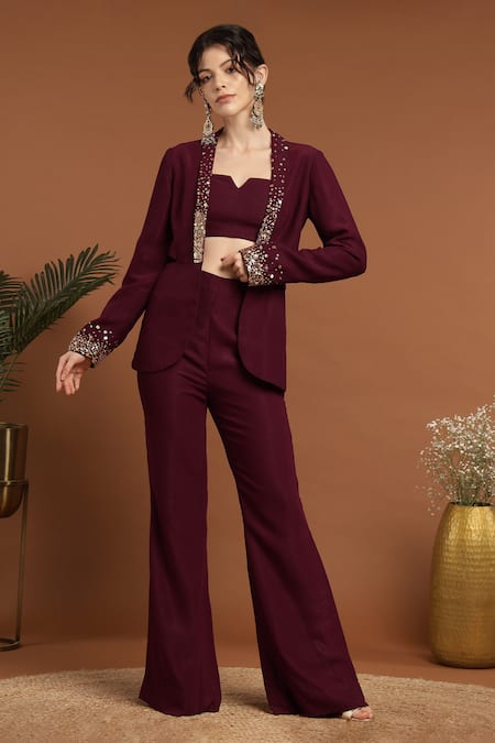 Rirasa_Purple Lurex Sequins Split V-neck, Collared Embroidered Jacket Pant Set_Online_at_Aza_Fashions