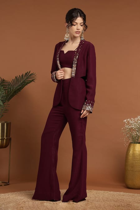 Buy_Rirasa_Purple Lurex Sequins Split V-neck, Collared Embroidered Jacket Pant Set_Online_at_Aza_Fashions