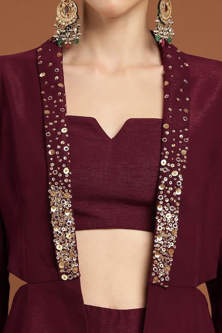 Buy_Rirasa_Purple Lurex Sequins Split V-neck, Collared Embroidered Jacket Pant Set