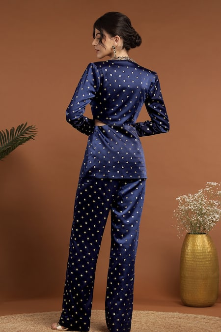 Shop_Rirasa_Blue Satin Sequins Asymmetric, Collared Work Jacket Pant Set _at_Aza_Fashions