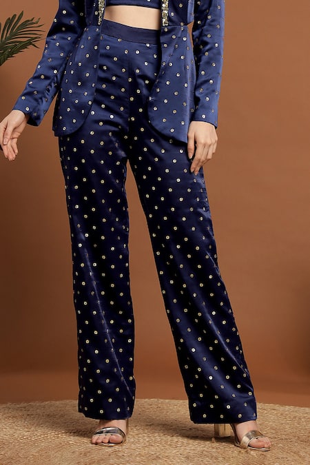 Rirasa_Blue Satin Sequins Asymmetric, Collared Work Jacket Pant Set _Online_at_Aza_Fashions